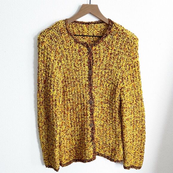 Unbranded Chunky‎ Sweater Womens Medium* Yellow Knit Cardigan Boho Hippie Artsy - Picture 1 of 16